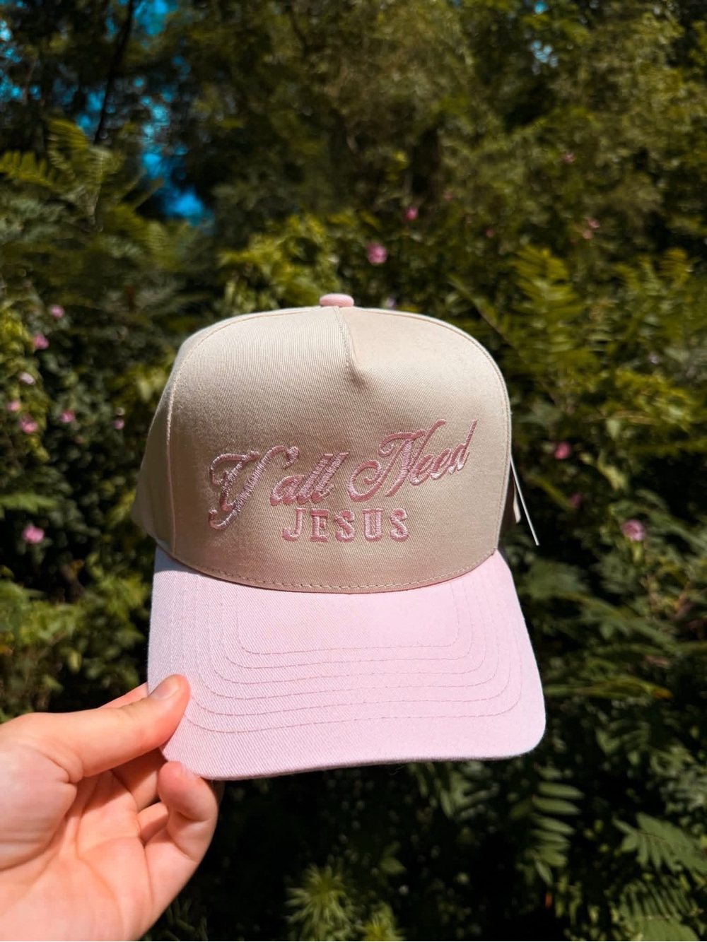 Ya'll Need Jesus Pink & Cream Trucker Hat